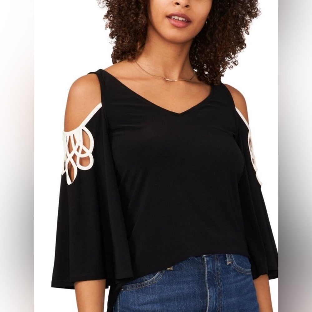 Vince Camuto Black Cold Shoulder Blouse with White Trim